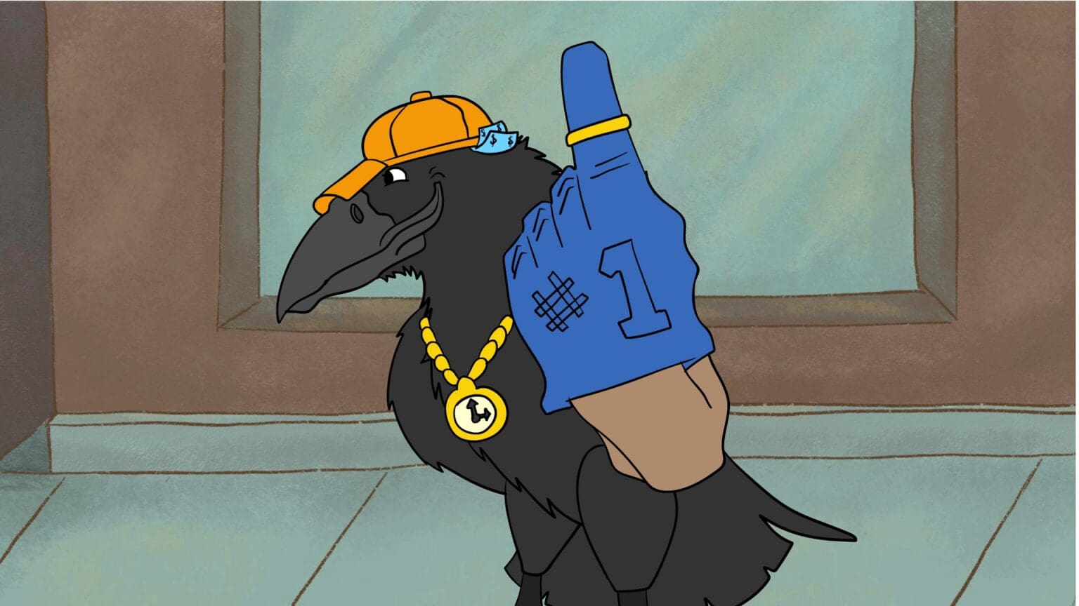 crow with foam finger and cap