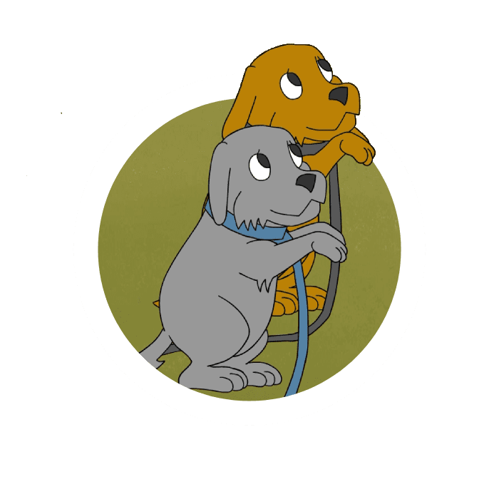 A cartoon image of two dogs with their front legs up