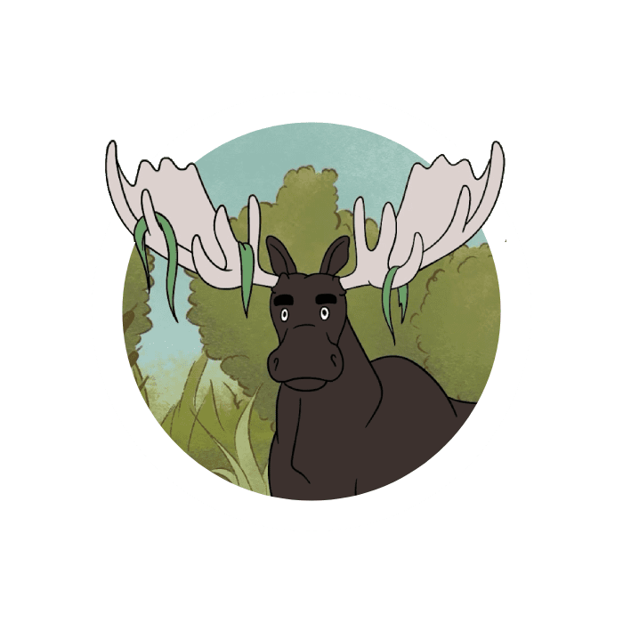A cartoon image of a moose with trees in background